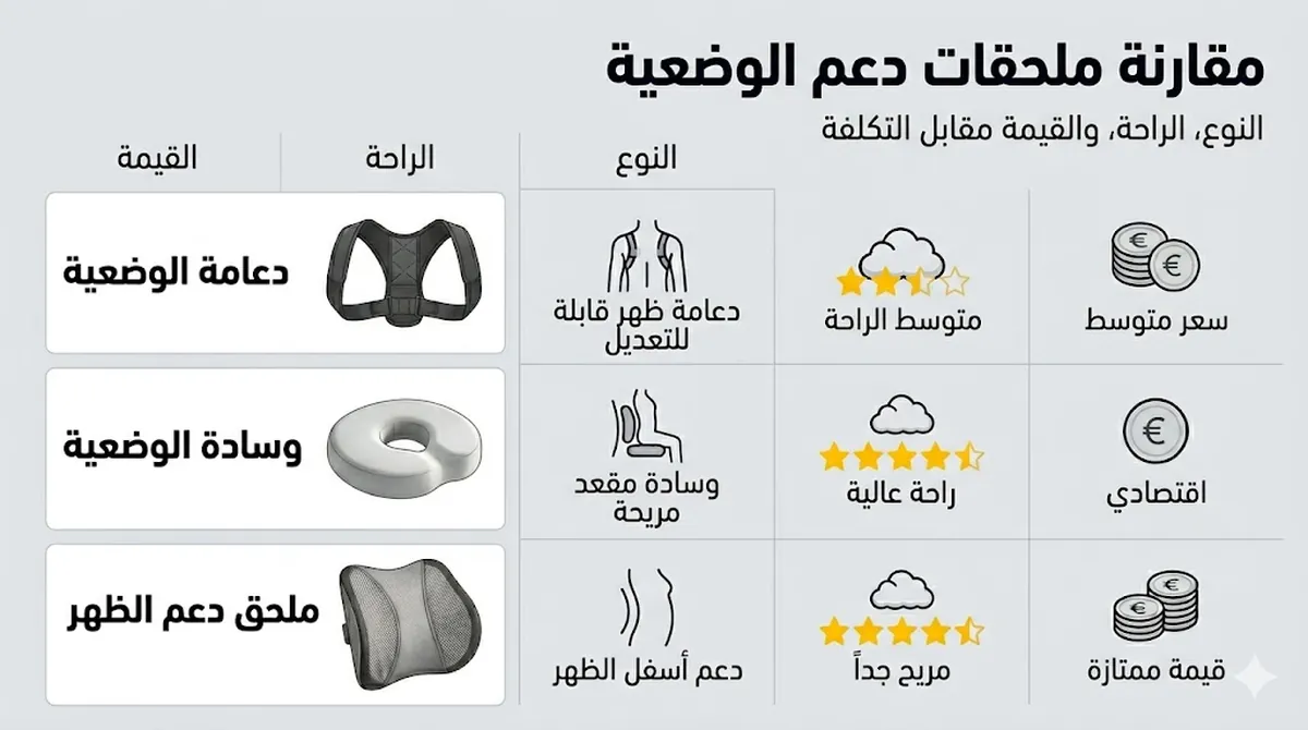 مقارنة ملحقات دعم الوضعية حسب النوع والراحة والقيمة مقابل التكلفة