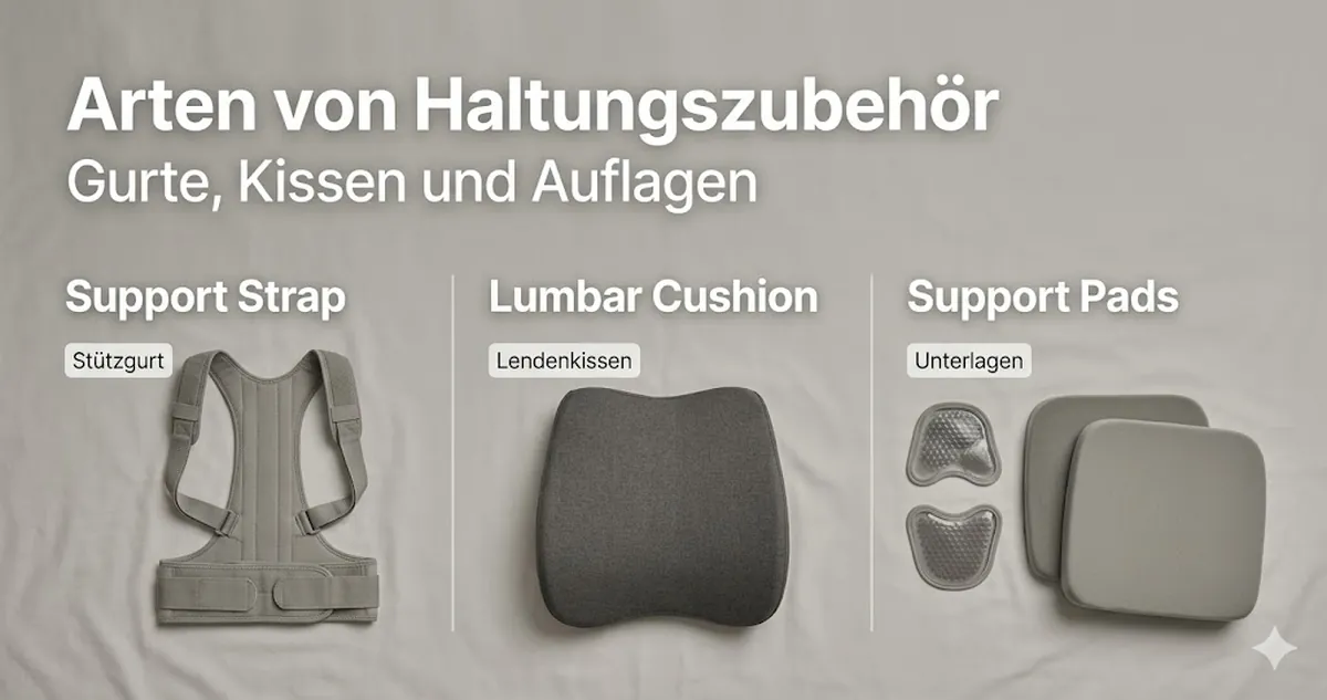 Arten von Zubehör zur Haltungsunterstützung wie Gurte, Kissen und Auflagen