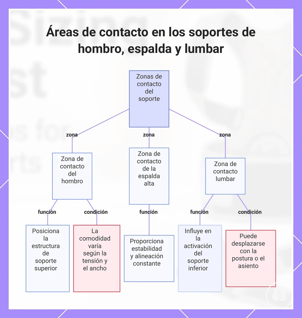 Áreas de contacto en los soportes de hombro, espalda y lumbar