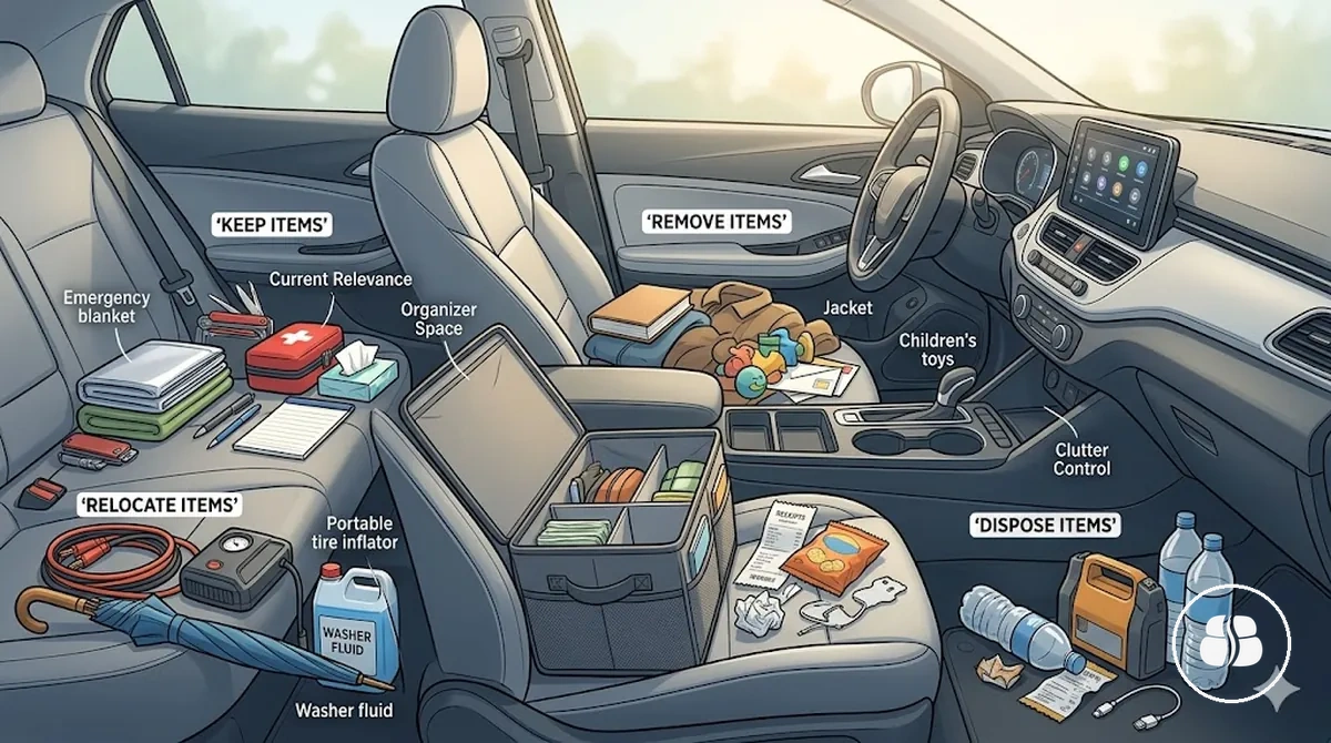 Objetos de coche clasificados en categorías de conservar, retirar, reubicar y desechar para un almacenamiento organizado