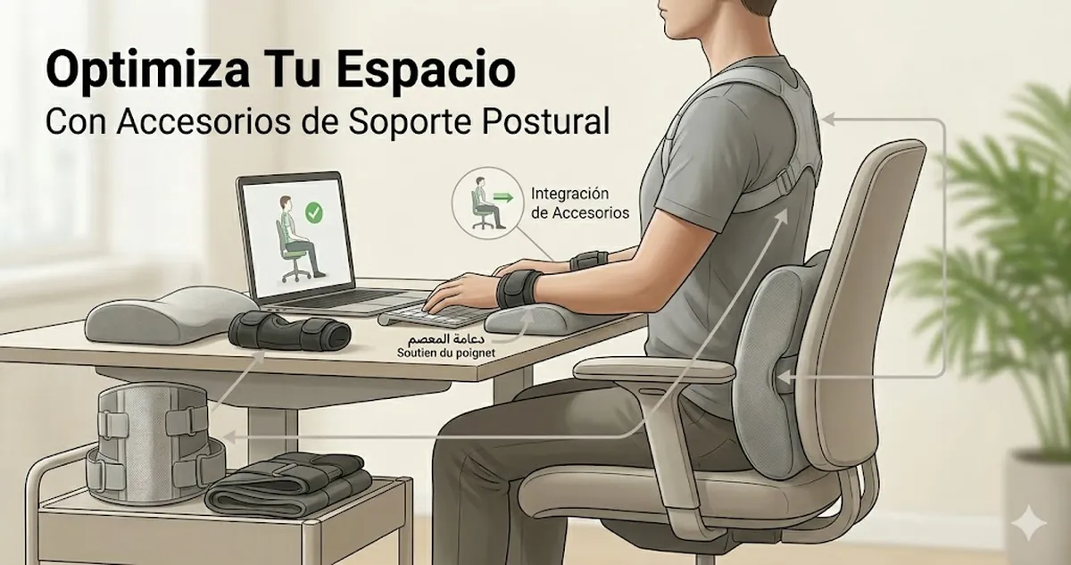 Espacio de trabajo con accesorios de soporte postural