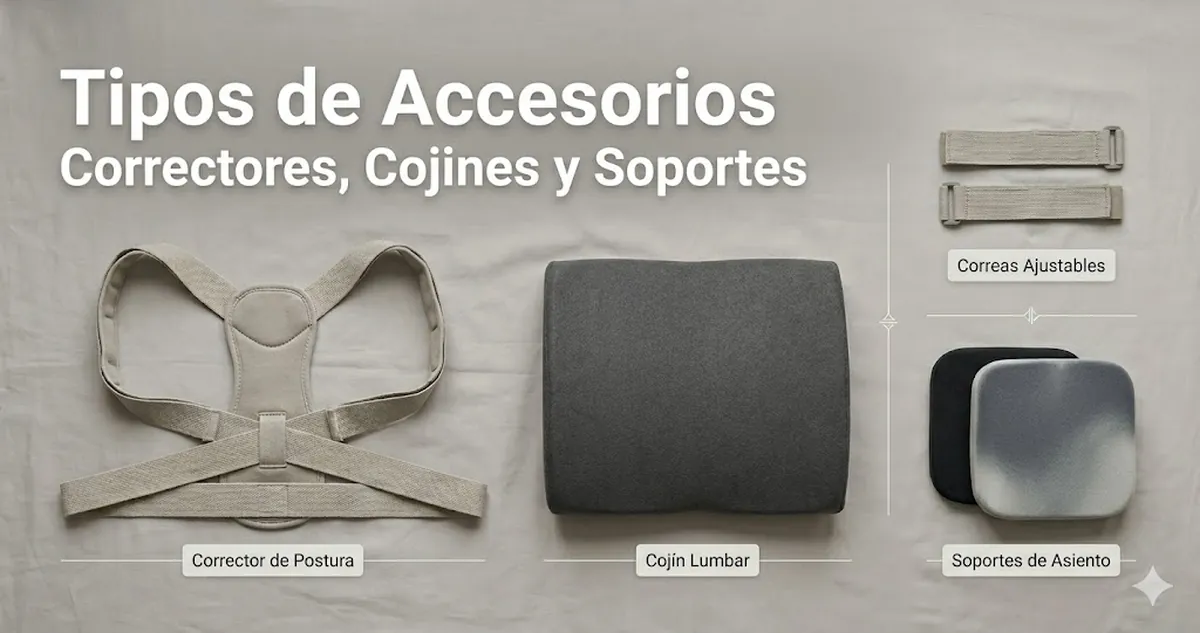Tipos de accesorios de soporte postural como correctores, cojines y soportes