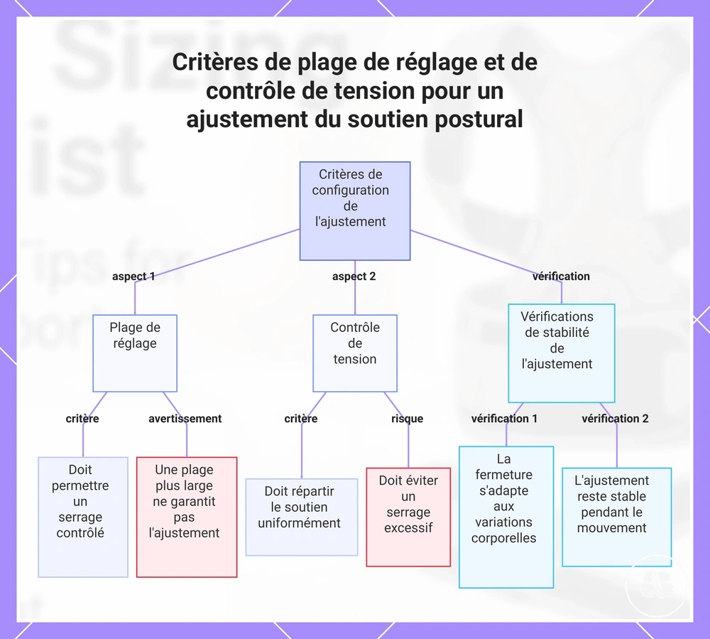 Critères de plage de réglage et de contrôle de tension pour un ajustement du soutien postural