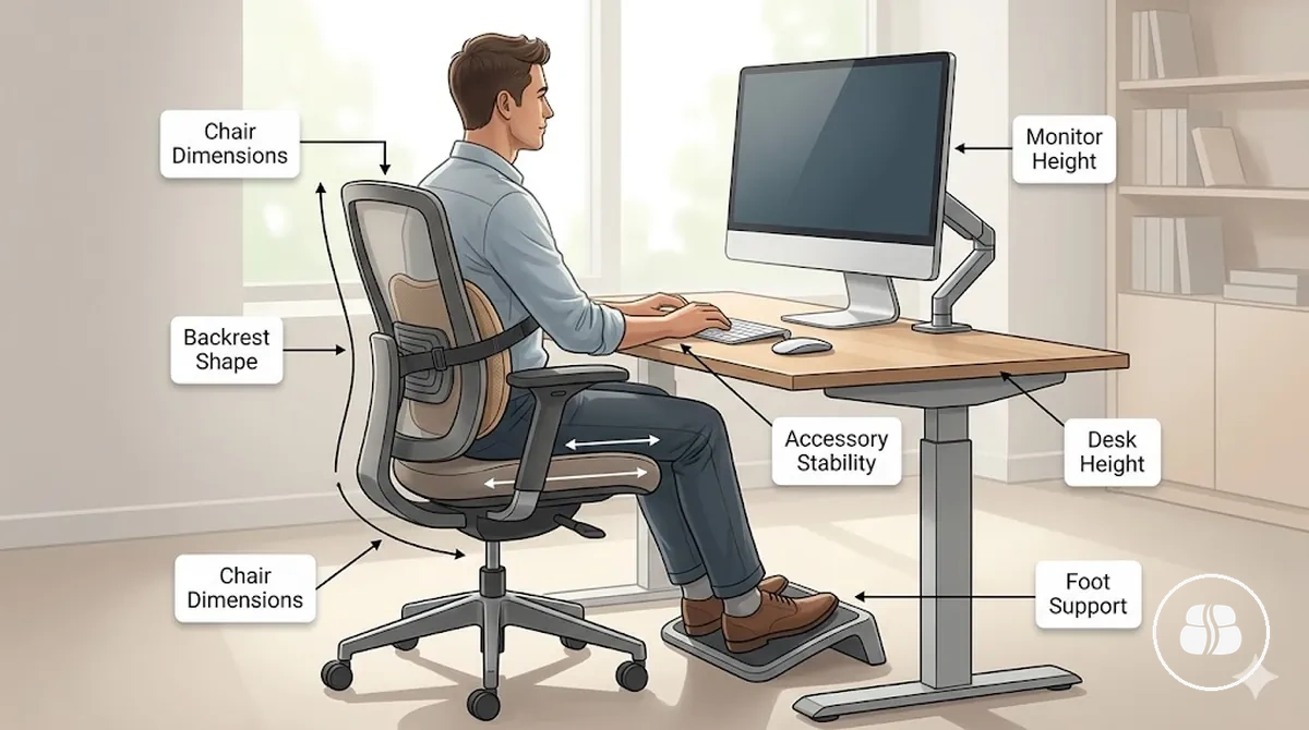 Schéma montrant les facteurs de l espace de travail qui affectent la compatibilité du soutien postural dans un espace de travail de bureau