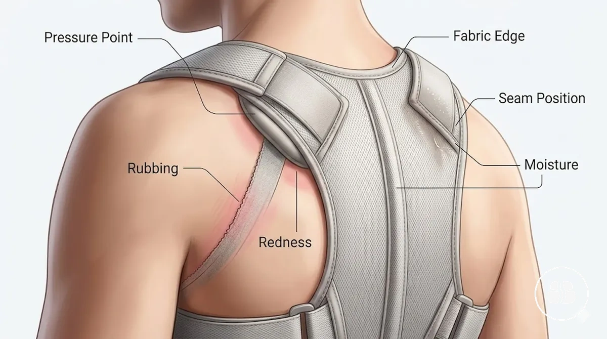 Vue rapprochée des signes d'inconfort, de pression et d'irritation cutanée autour d'une zone de contact d'un accessoire de soutien postural