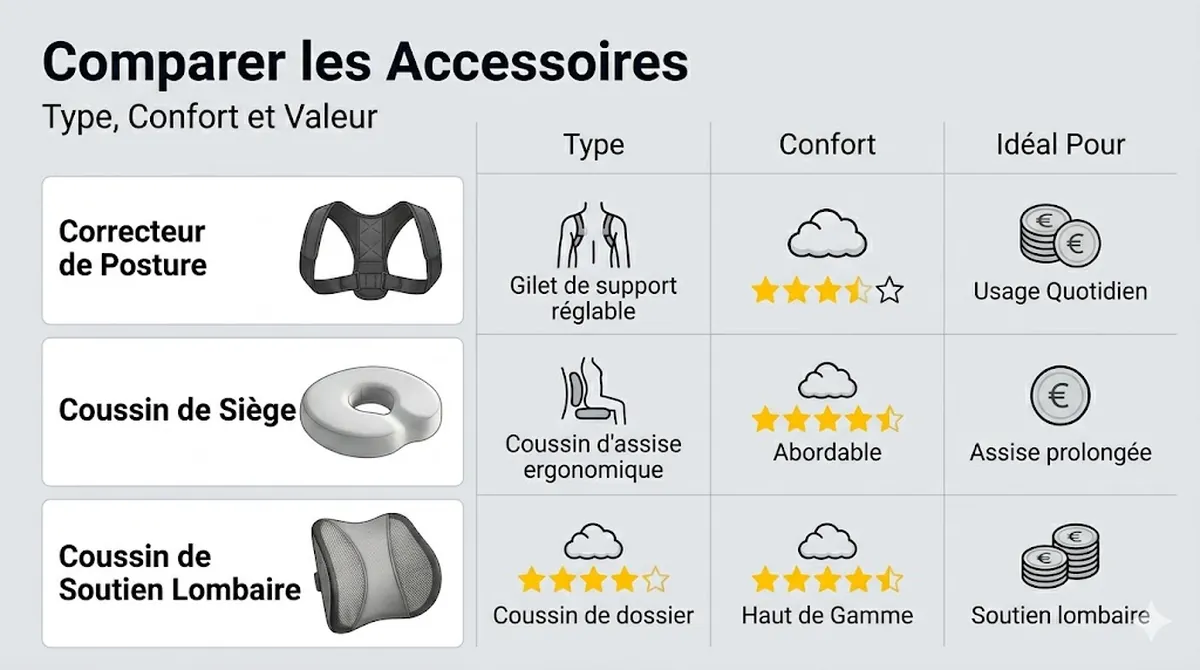 Comparatif des accessoires de soutien postural par type, confort et valeur