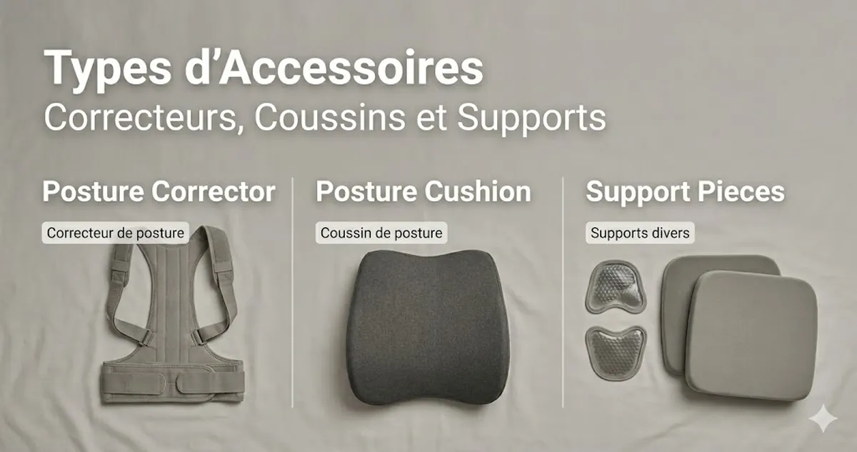 Types d’accessoires de soutien postural comme les correcteurs, coussins et supports