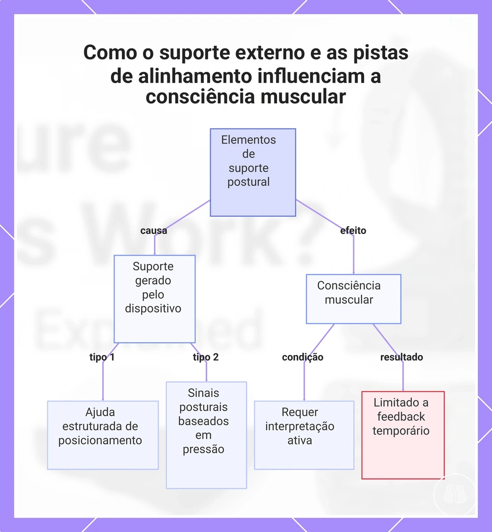 Como o suporte externo e as pistas de alinhamento influenciam a consciência muscular