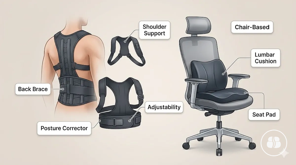 Diferentes formatos de acessórios de suporte postural e suas funções de suporte