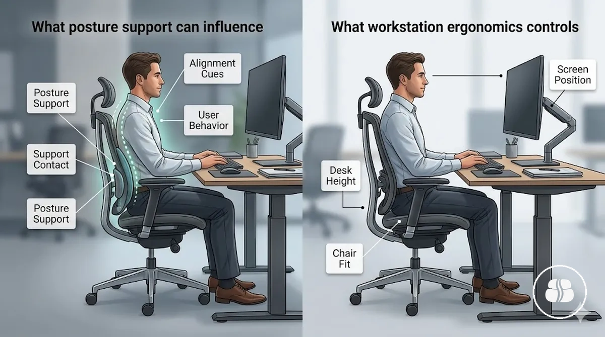 Diagrama mostrando o que o suporte postural pode e não pode corrigir na ergonomia da estação de trabalho em um espaço de trabalho de mesa