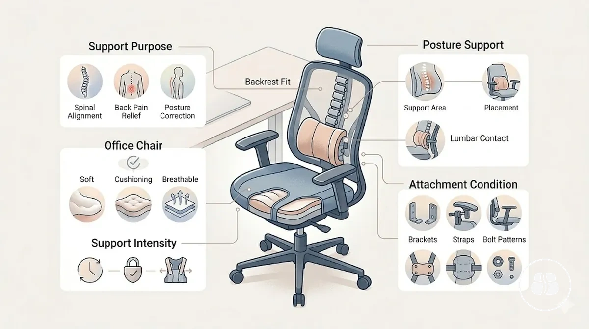 Cadeira de escritório com encosto, assento e zonas lombares destacados mostrando áreas de compatibilidade de suporte postural
