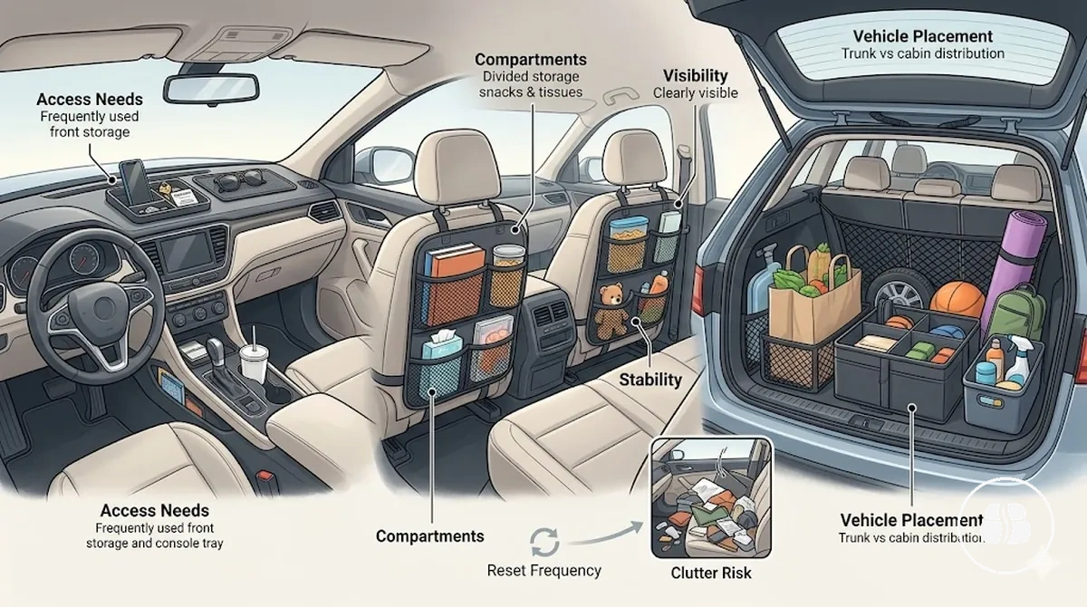Uso de organizador de carro em compartimentos veiculares mostrando armazenamento estruturado no interior do veículo