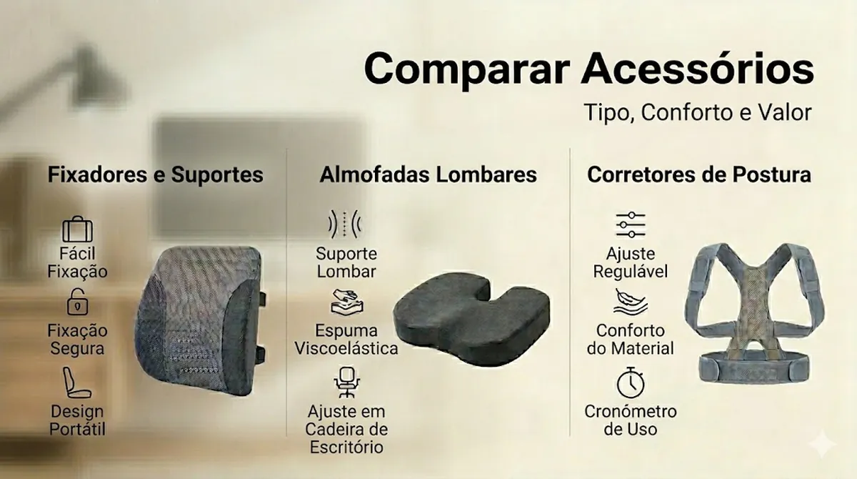 Comparativo de acessórios de suporte postural por tipo, conforto e valor
